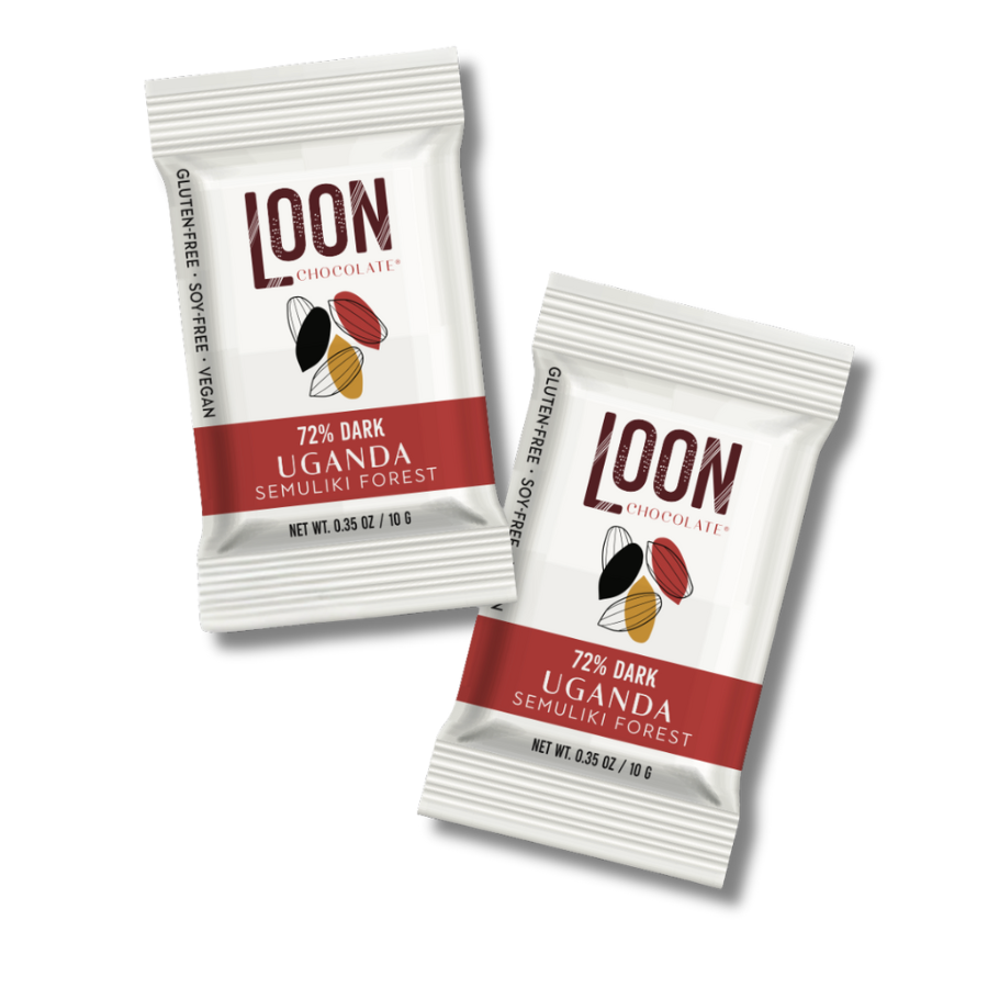 Loon Chocolate 72% Uganda Dark Chocolate mini bars packaging shown on white background