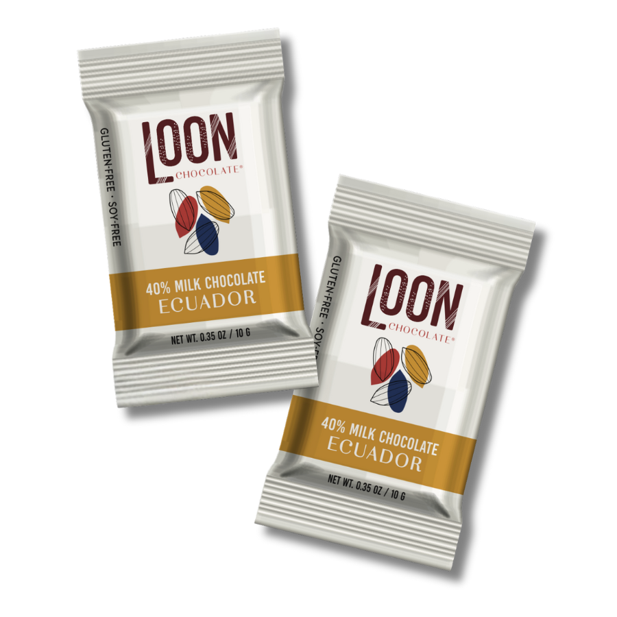 Two 40% Ecuador Milk Chocolate mini bars by Loon Chocolate on white background