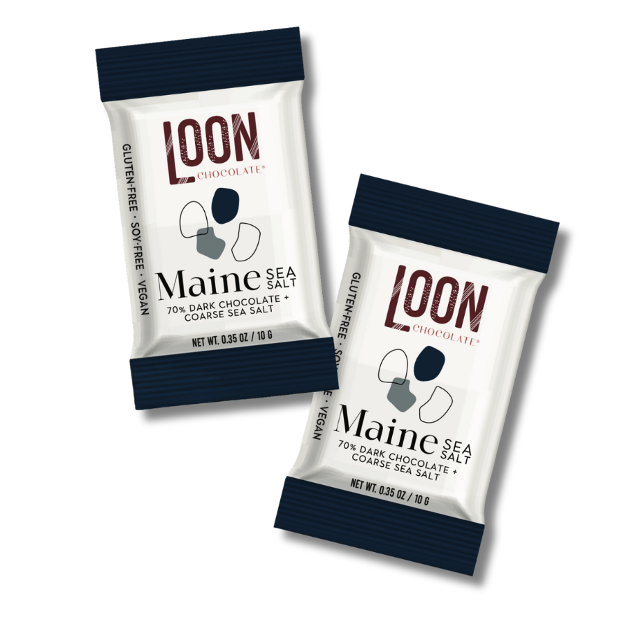 Two Maine Sea Salt Dark Chocolate mini bars by Loon Chocolate on white background