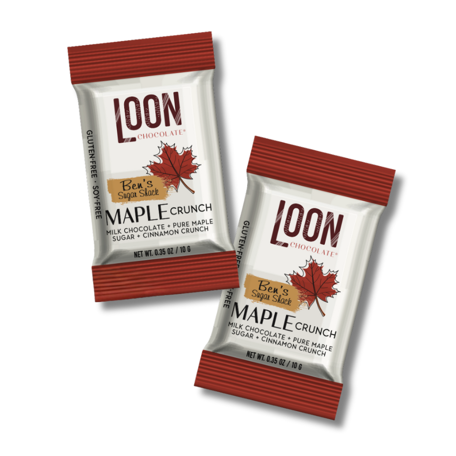 Two Maple Crunch Milk Chocolate mini bars by Loon Chocolate on white background