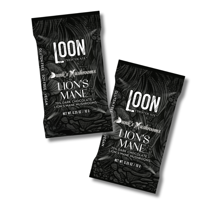 Two Lion's Mane Dark Chocolate mini bars by Loon Chocolate on white background